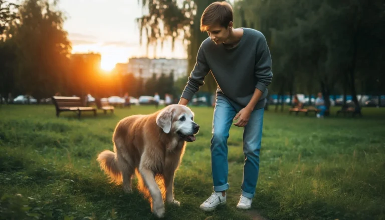 Idős kutya sétáltatása parkban fiatal gazdával
